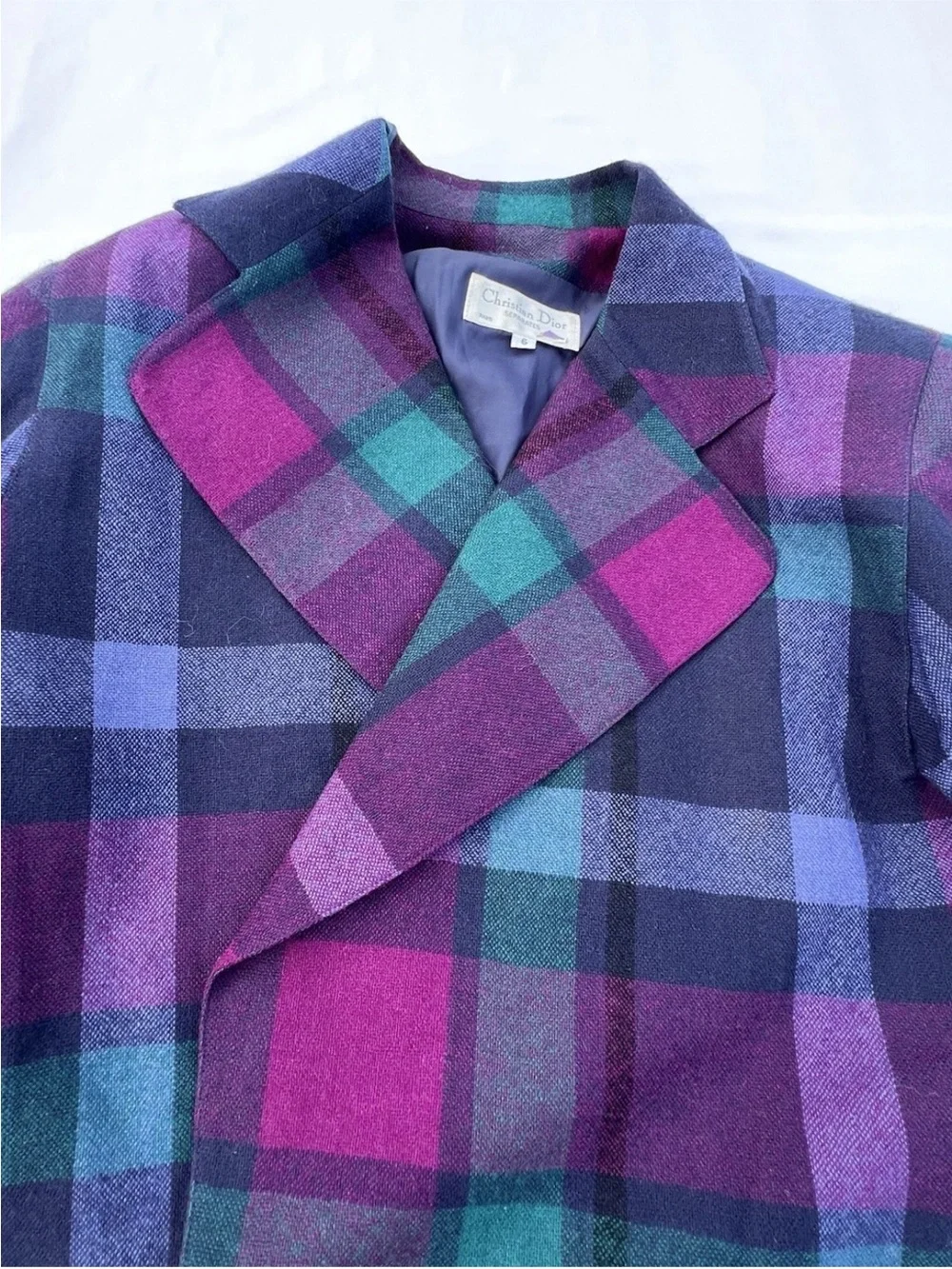 Vintage Christian Dior Wool Plaid Blazer Women’s 6 Purple Blue